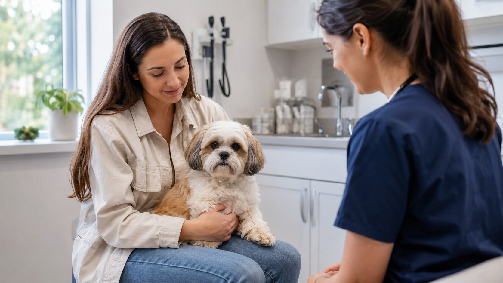 tutora levando shih tzu ao veterinário após ingestão de alimento proibido