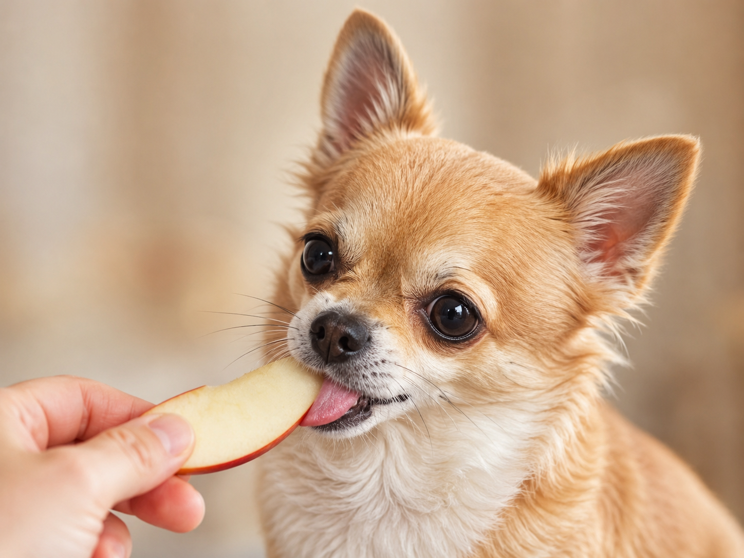 cachorro de raça pequena comendo fruta permitida