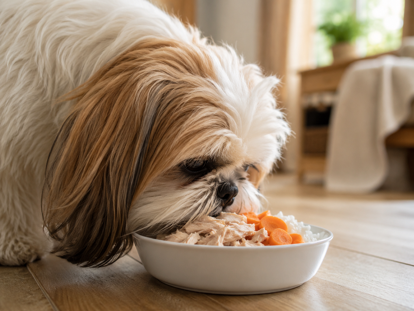shih tzu adulto comendo comida natural em tigela