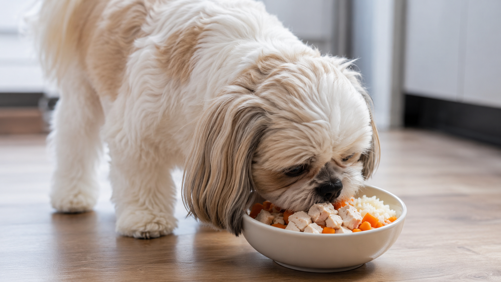 cachorro pequeno comendo comida natural em tigela