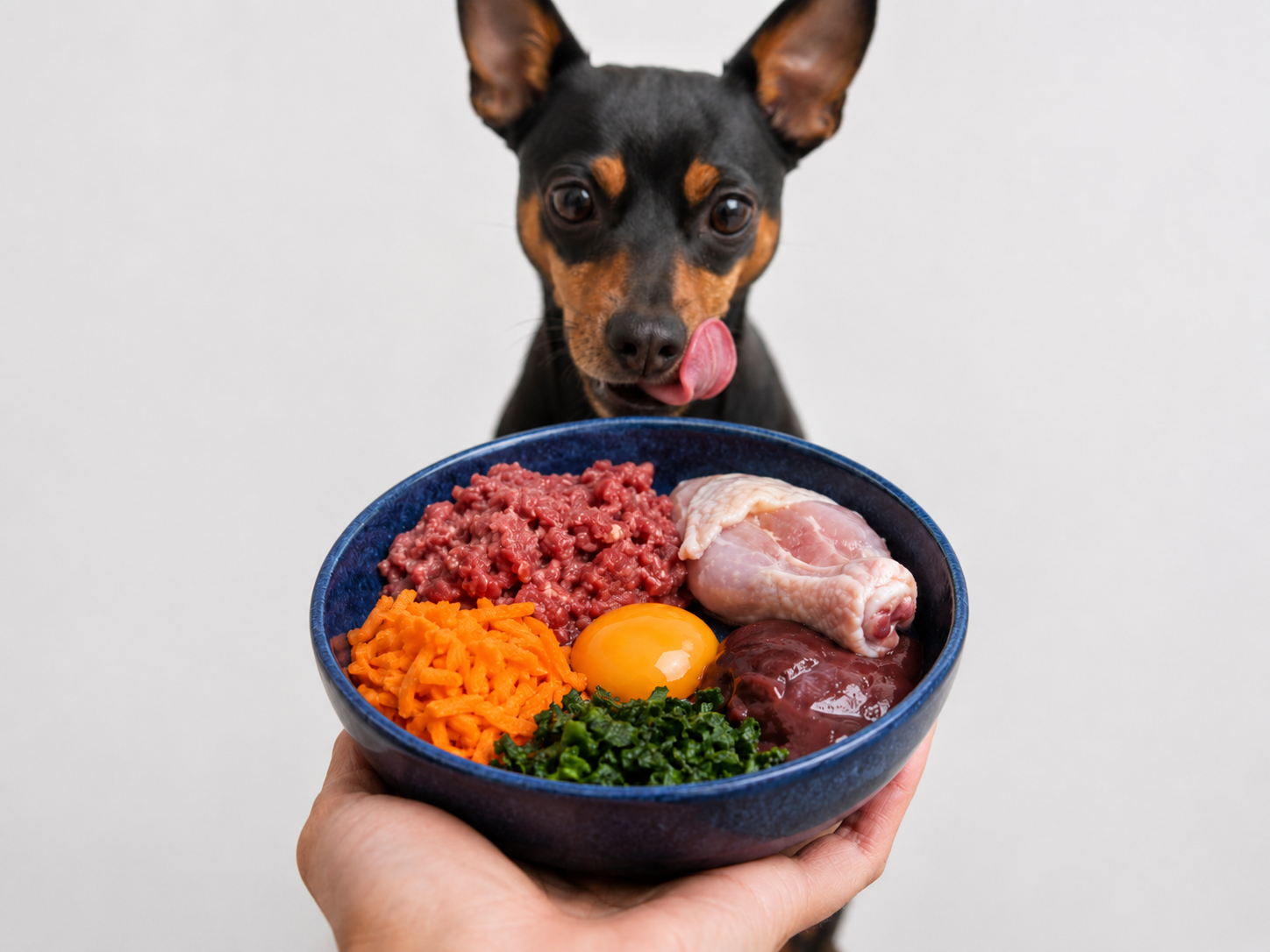pinscher com ingredientes da dieta BARF