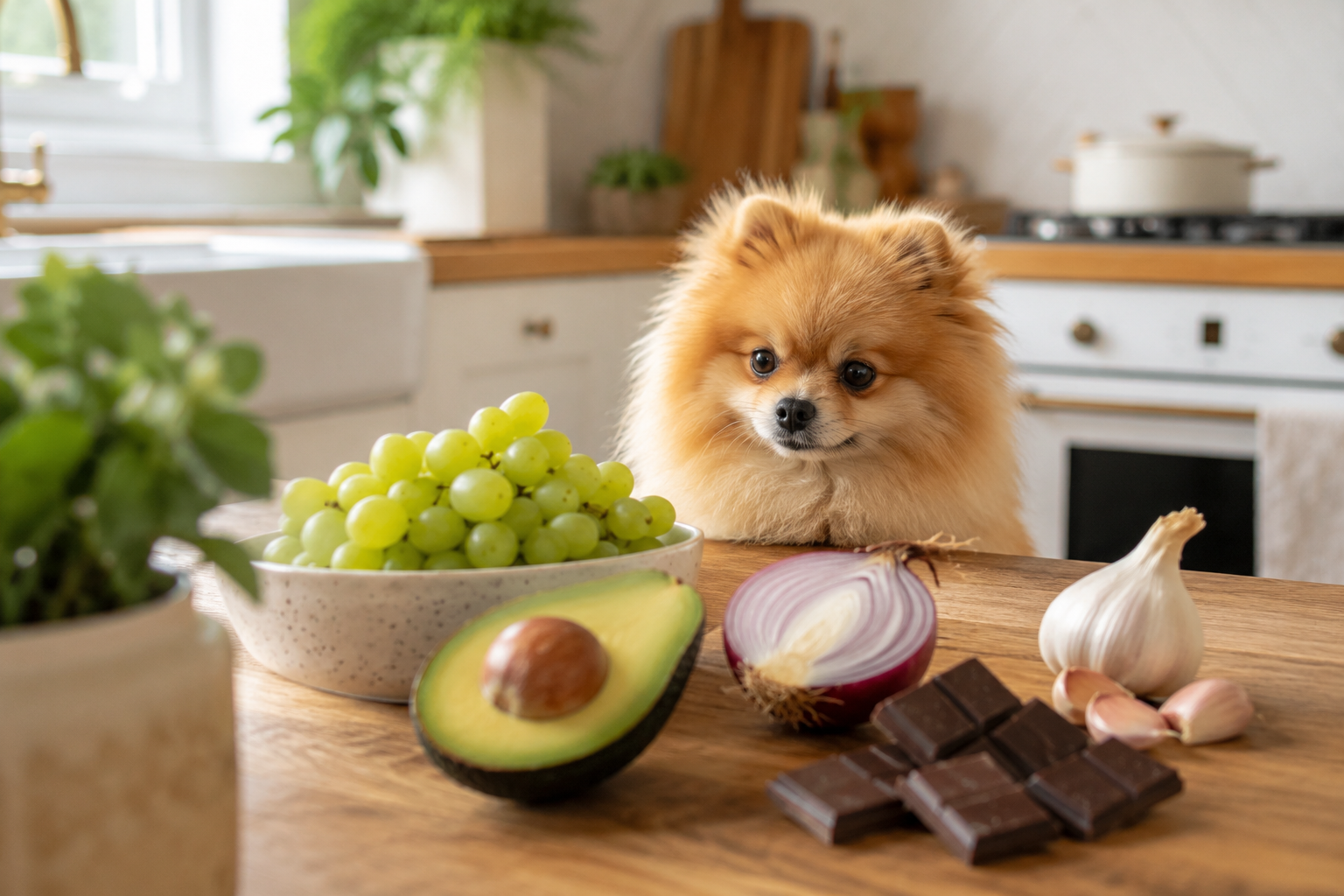 lulu da pomerania com alimentos proibidos na bancada da cozinha