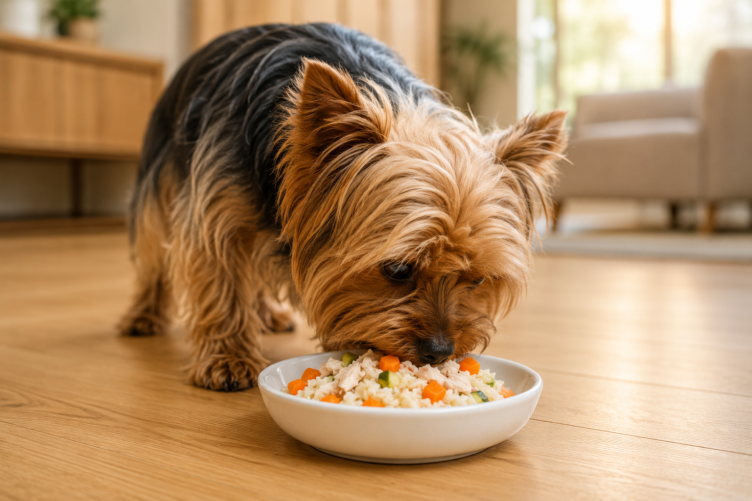 yorkshire terrier adulto comendo comida natural em tigela