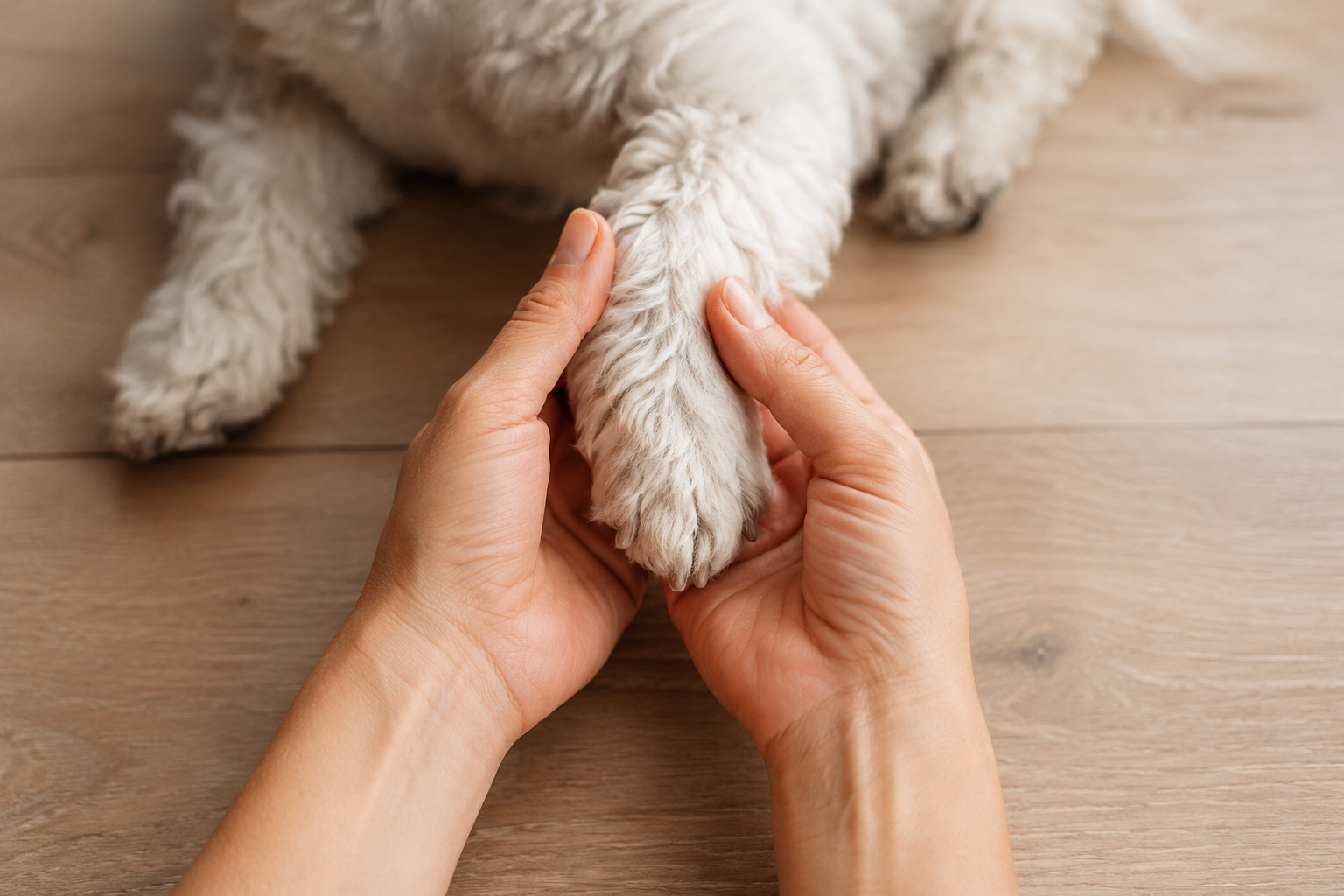 tutor cuidando de cachorro de raça pequena com articulação