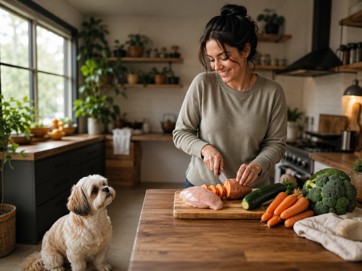 tutor preparando comida natural para cachorro pequeno na cozinha
