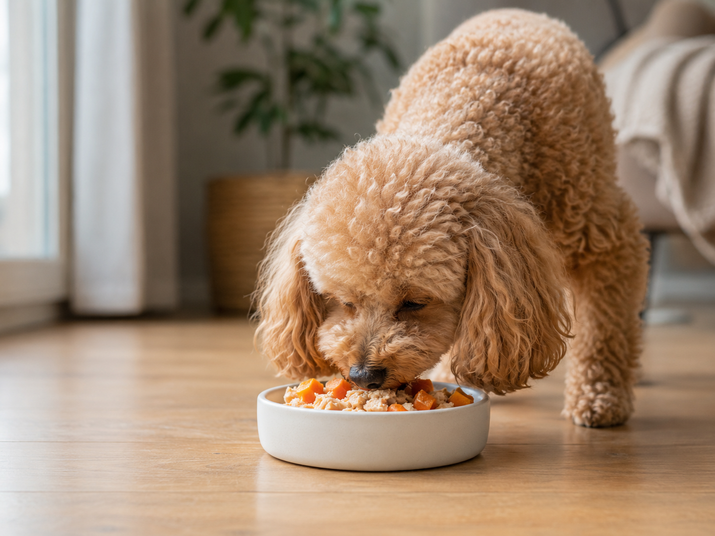 cachorro de raça pequena saudável comendo comida natural