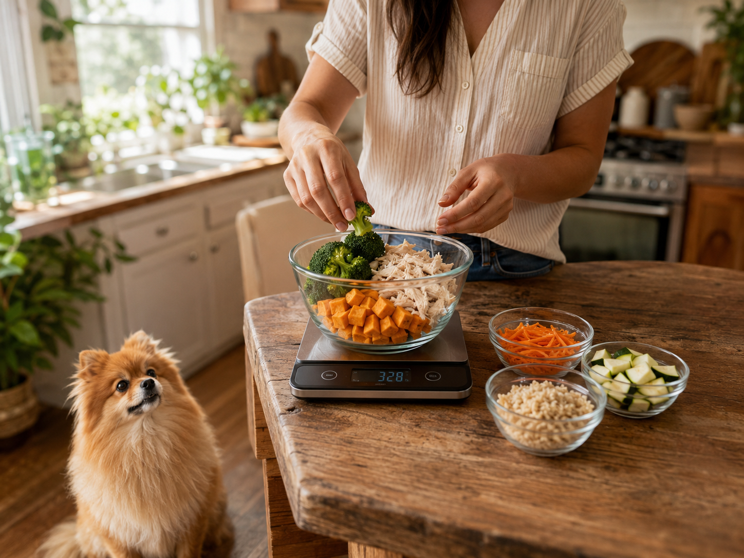 tutor pesando porção de comida natural para cachorro pequeno